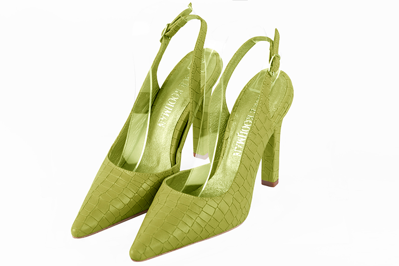 Pistachio green women's slingback shoes. Pointed toe. Very high slim heel. Front view - Florence KOOIJMAN